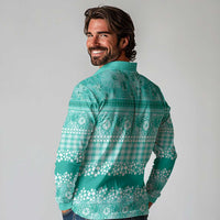 Hawaiian Hibiscus Honu Long Sleeve Polo Shirt Turquoise Mele Kalikimaka Palaka Spirit LT9 - Polynesian Pride