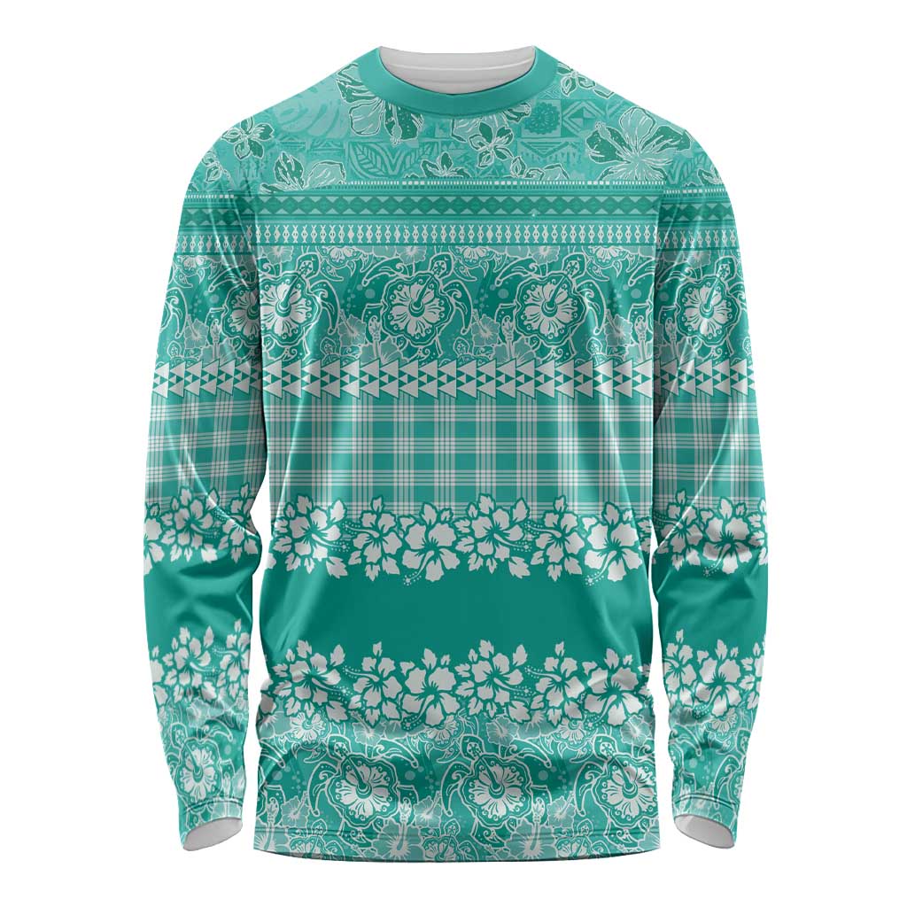 Hawaiian Hibiscus Honu Long Sleeve Shirt Turquoise Mele Kalikimaka Palaka Spirit LT9 Unisex Turquoise - Polynesian Pride