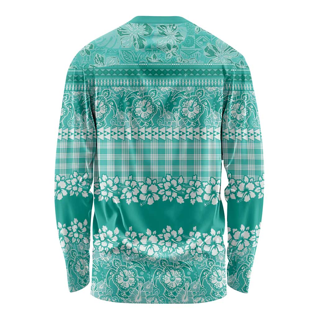 Hawaiian Hibiscus Honu Long Sleeve Shirt Turquoise Mele Kalikimaka Palaka Spirit LT9 - Polynesian Pride