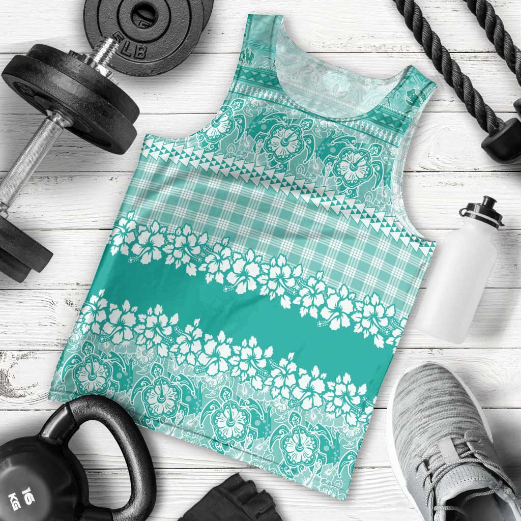 Hawaiian Hibiscus Honu Men Tank Top Turquoise Mele Kalikimaka Palaka Spirit - Polynesian Pride