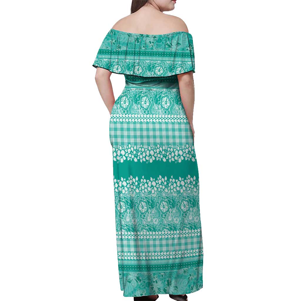 Hawaiian Hibiscus Honu Off Shoulder Maxi Dress Turquoise Mele Kalikimaka Palaka Spirit LT9 - Polynesian Pride