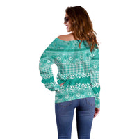Hawaiian Hibiscus Honu Off Shoulder Sweater Turquoise Mele Kalikimaka Palaka Spirit - Polynesian Pride