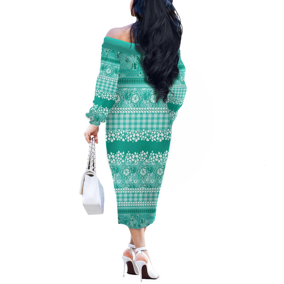 Hawaiian Hibiscus Honu Off The Shoulder Long Sleeve Dress Turquoise Mele Kalikimaka Palaka Spirit LT9 - Polynesian Pride