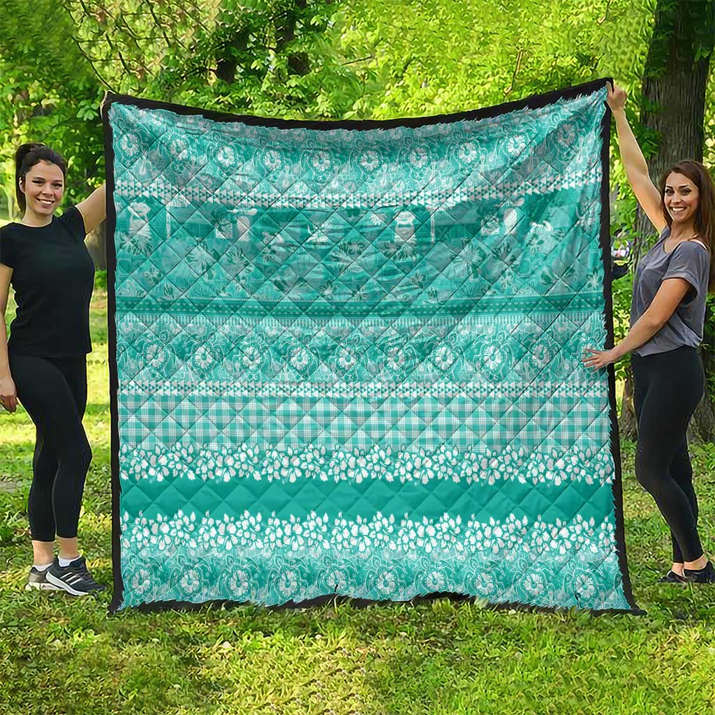 Hawaiian Hibiscus Honu Quilt Turquoise Mele Kalikimaka Palaka Spirit LT9 - Polynesian Pride
