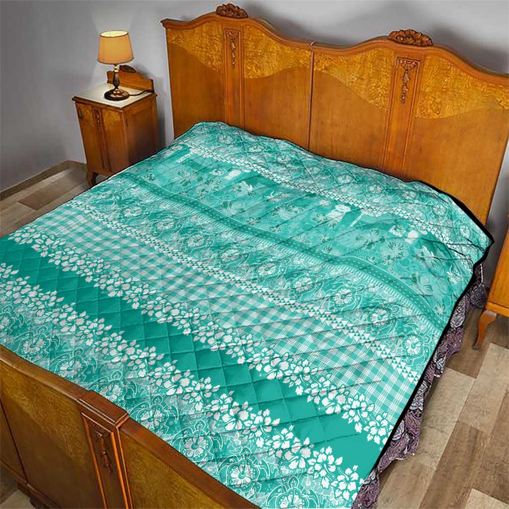 Hawaiian Hibiscus Honu Quilt Turquoise Mele Kalikimaka Palaka Spirit LT9 - Polynesian Pride