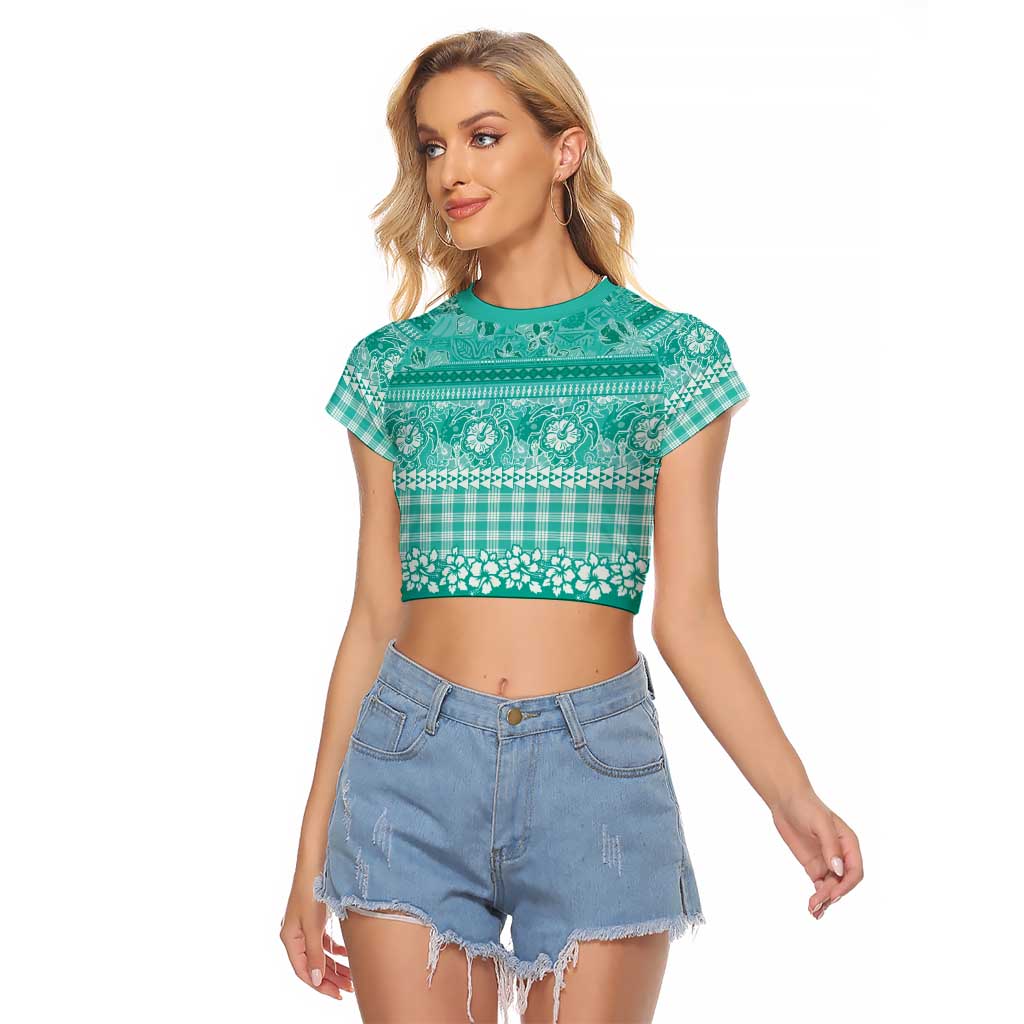 Hawaiian Hibiscus Honu Raglan Cropped T Shirt Turquoise Mele Kalikimaka Palaka Spirit - Polynesian Pride
