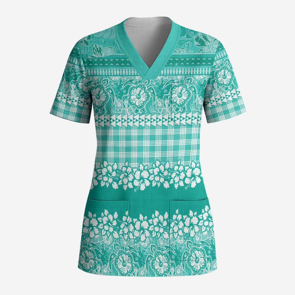 Hawaiian Hibiscus Honu Scrub Top Turquoise Mele Kalikimaka Palaka Spirit - Polynesian Pride