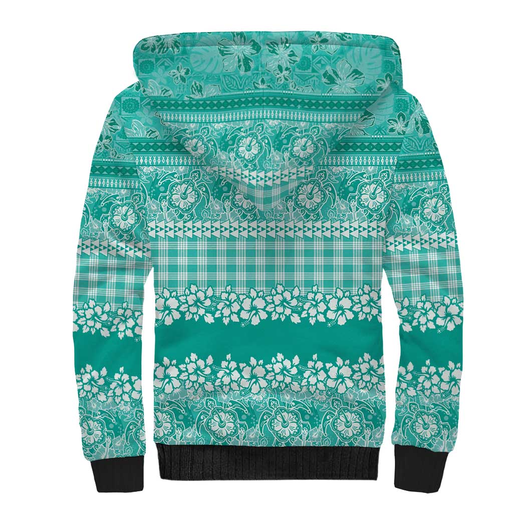 Hawaiian Hibiscus Honu Sherpa Hoodie Turquoise Mele Kalikimaka Palaka Spirit LT9 - Polynesian Pride