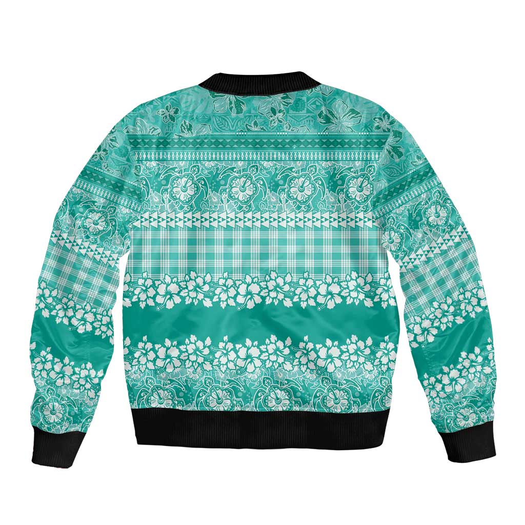 Hawaiian Hibiscus Honu Sleeve Zip Bomber Jacket Turquoise Mele Kalikimaka Palaka Spirit - Polynesian Pride