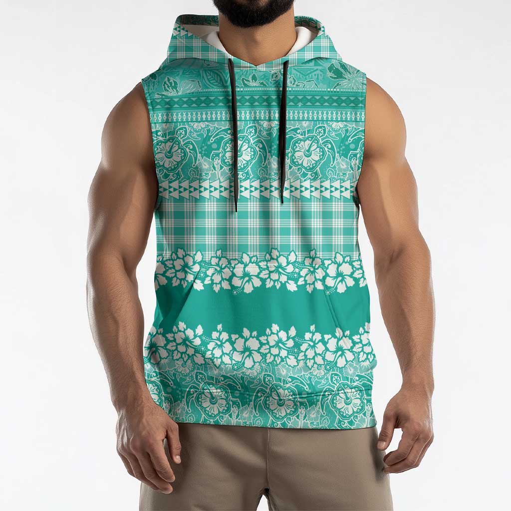 Hawaiian Hibiscus Honu Sleeveless Hoodie Turquoise Mele Kalikimaka Palaka Spirit LT9 - Polynesian Pride