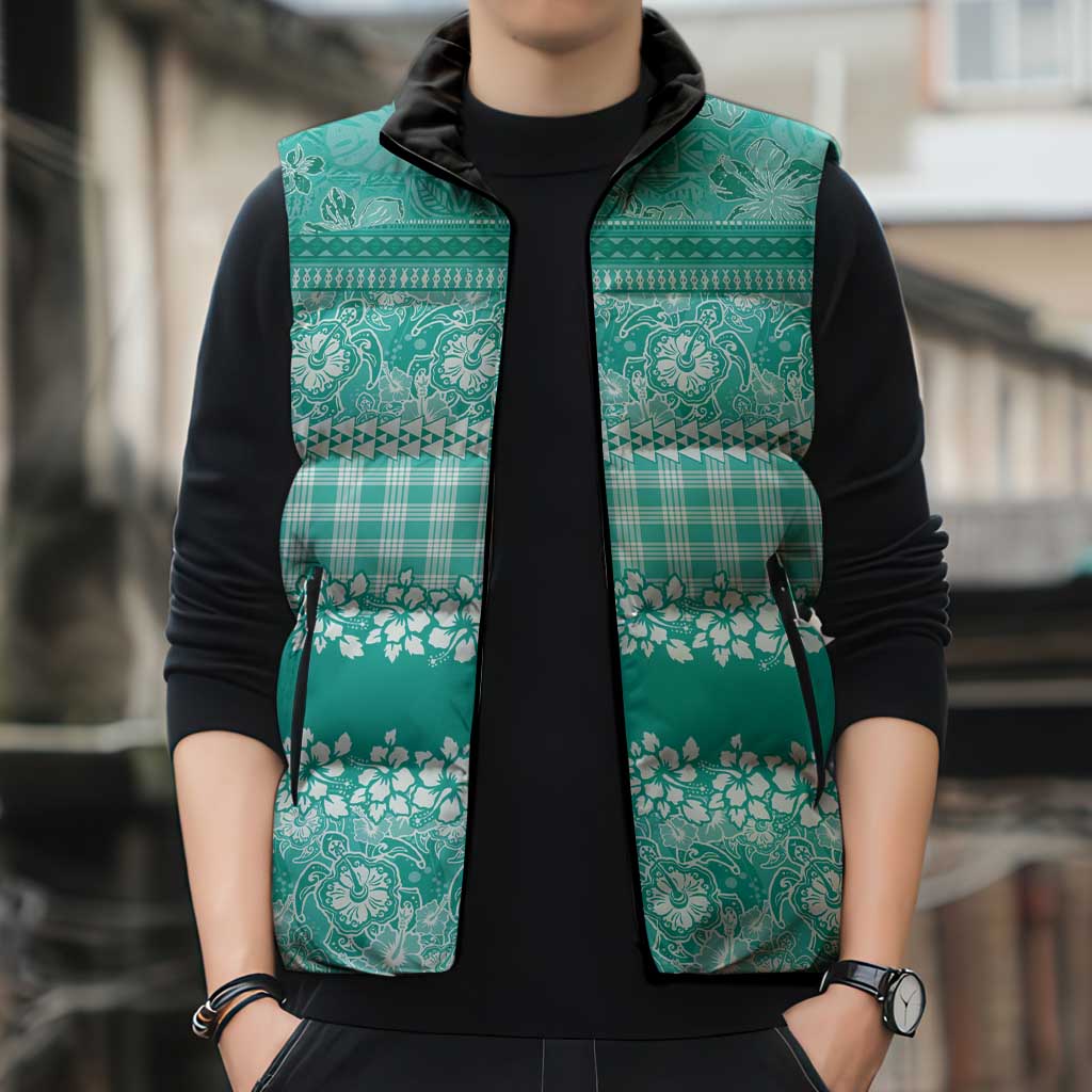 Hawaiian Hibiscus Honu Sleeveless Puffer Jacket Turquoise Mele Kalikimaka Palaka Spirit - Polynesian Pride