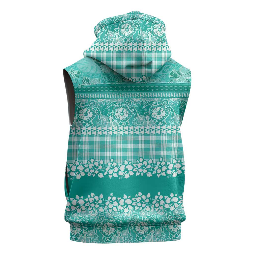 Hawaiian Hibiscus Honu Sleeveless Zip Hoodie Turquoise Mele Kalikimaka Palaka Spirit LT9 - Polynesian Pride