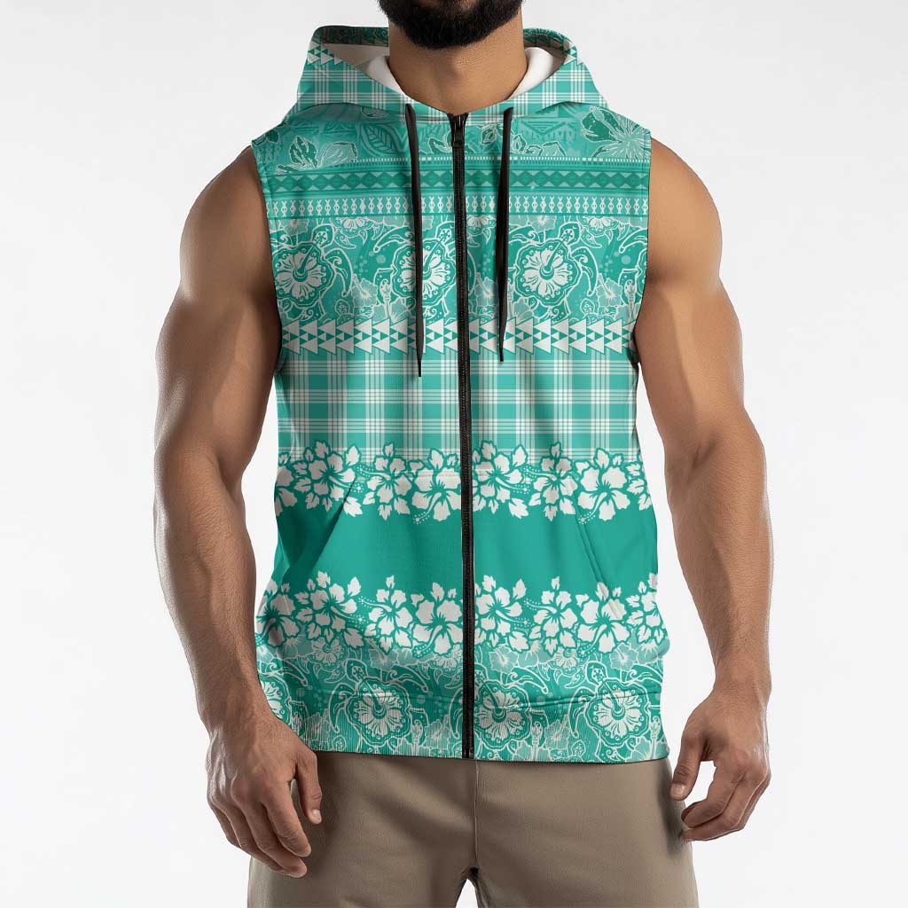 Hawaiian Hibiscus Honu Sleeveless Zip Hoodie Turquoise Mele Kalikimaka Palaka Spirit LT9 - Polynesian Pride