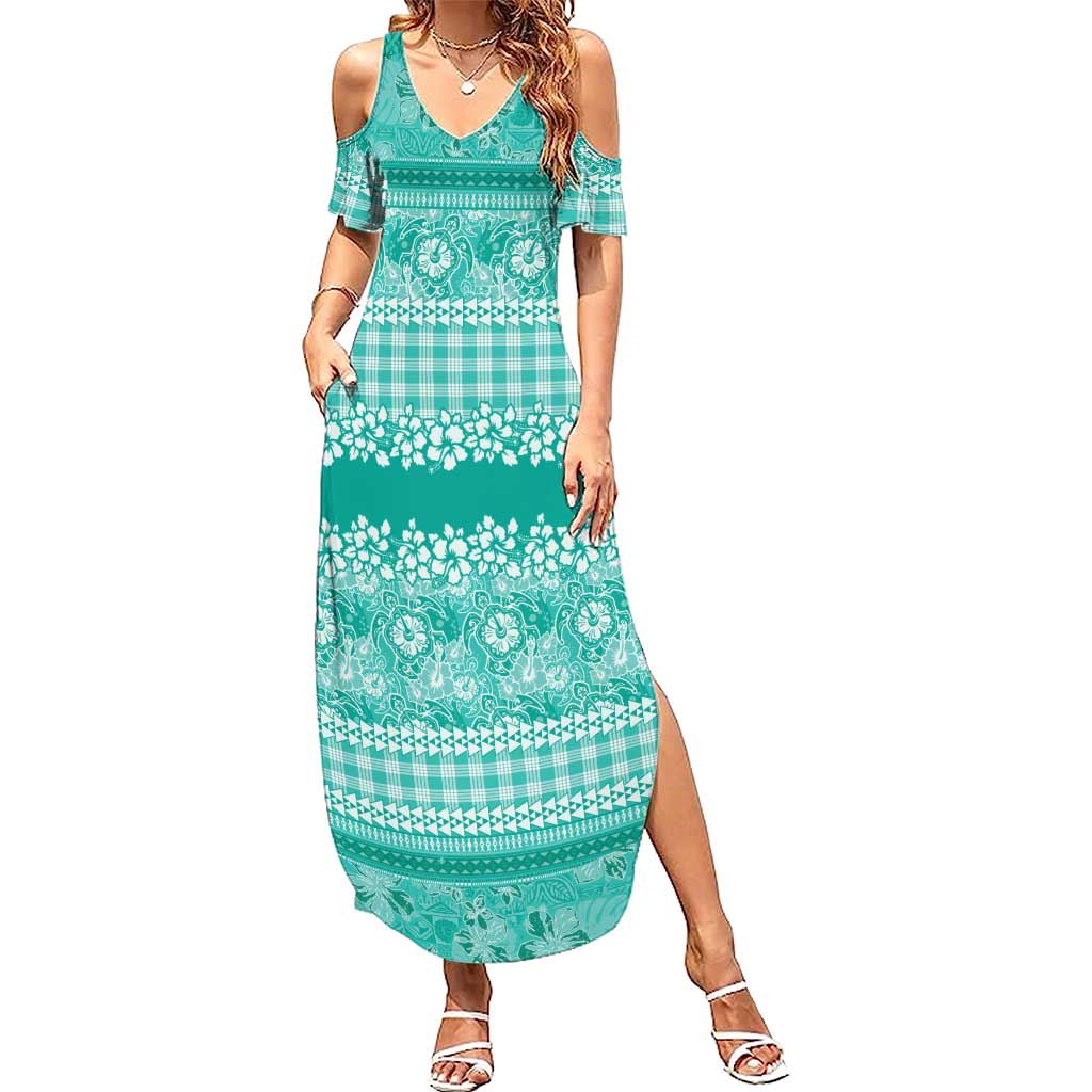 Hawaiian Hibiscus Honu Summer Maxi Dress Turquoise Mele Kalikimaka Palaka Spirit LT9 Women Turquoise - Polynesian Pride