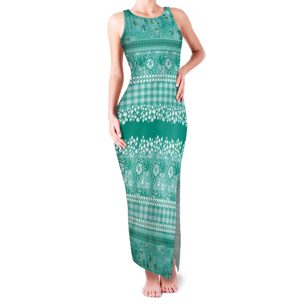 Hawaiian Hibiscus Honu Tank Maxi Dress Turquoise Mele Kalikimaka Palaka Spirit - Polynesian Pride