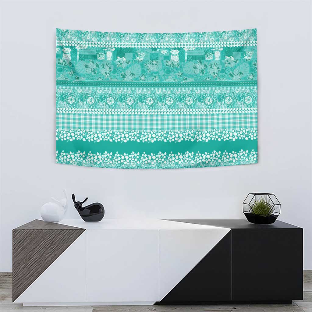 Hawaiian Hibiscus Honu Tapestry Turquoise Mele Kalikimaka Palaka Spirit - Polynesian Pride