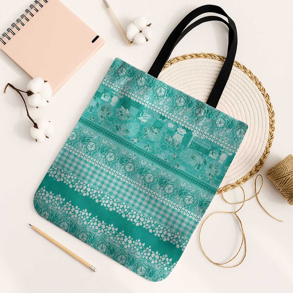 Hawaiian Hibiscus Honu Tote Bag Turquoise Mele Kalikimaka Palaka Spirit - Polynesian Pride