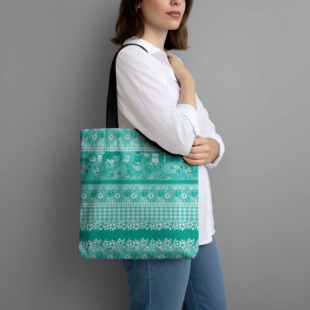 Hawaiian Hibiscus Honu Tote Bag Turquoise Mele Kalikimaka Palaka Spirit - Polynesian Pride