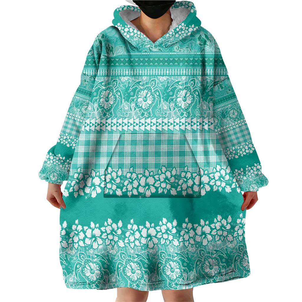 Hawaiian Hibiscus Honu Wearable Blanket Hoodie Turquoise Mele Kalikimaka Palaka Spirit LT9 - Polynesian Pride