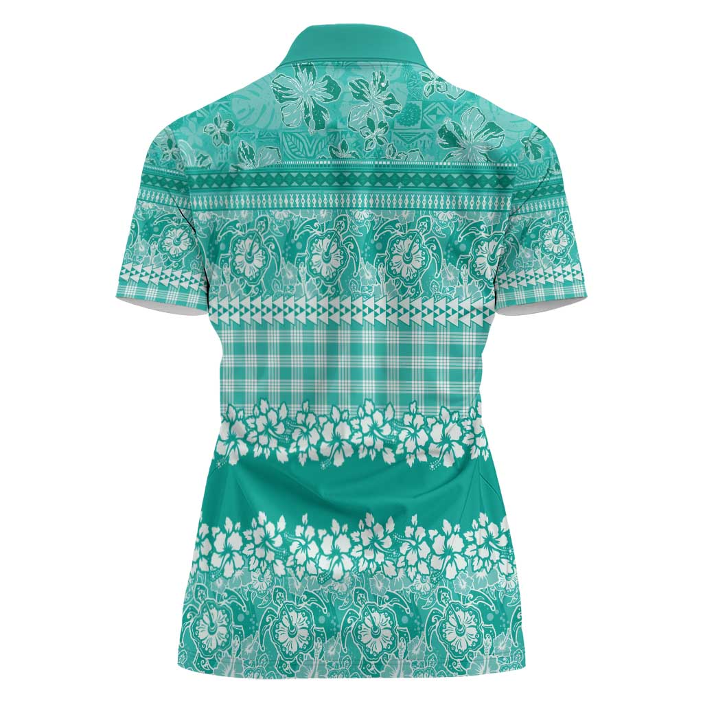Hawaiian Hibiscus Honu Women Polo Shirt Turquoise Mele Kalikimaka Palaka Spirit - Polynesian Pride