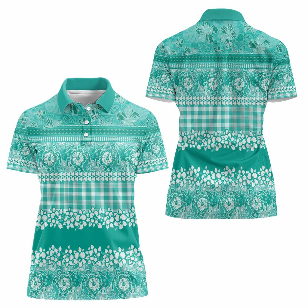 Hawaiian Hibiscus Honu Women Polo Shirt Turquoise Mele Kalikimaka Palaka Spirit - Polynesian Pride