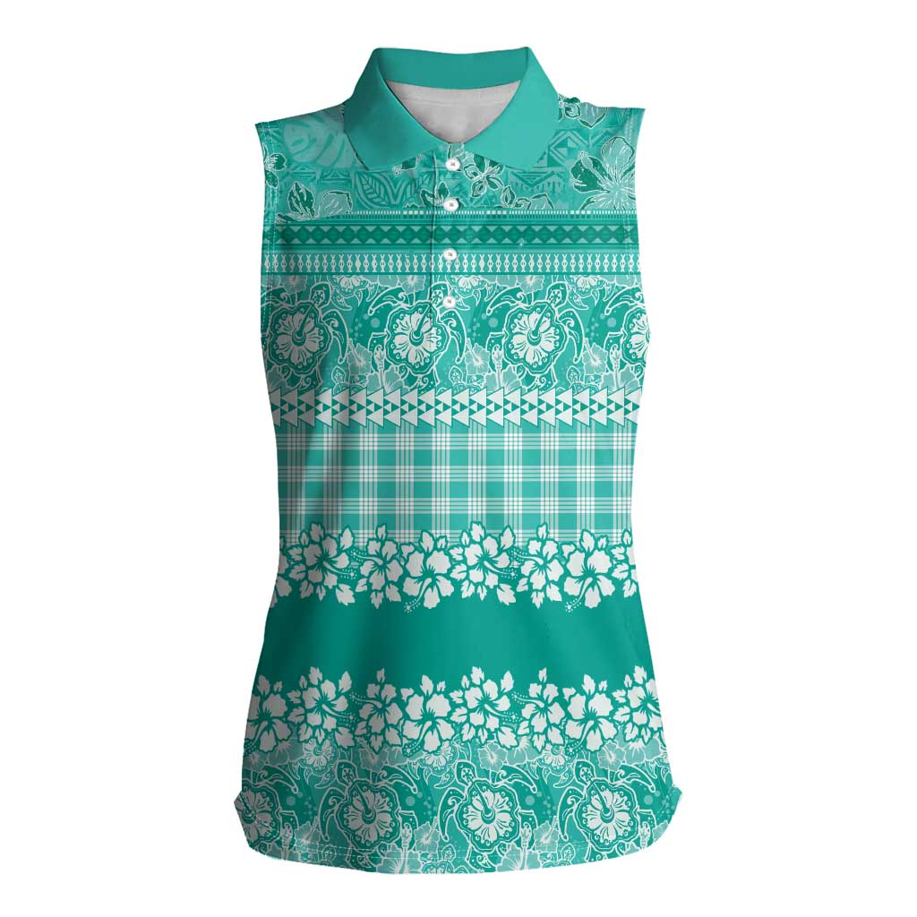 Hawaiian Hibiscus Honu Women Sleeveless Polo Shirt Turquoise Mele Kalikimaka Palaka Spirit LT9 Female Turquoise - Polynesian Pride