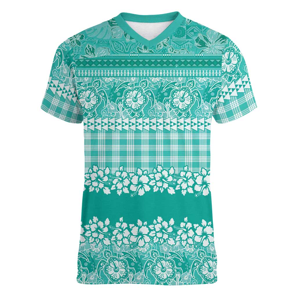 Hawaiian Hibiscus Honu Women V-Neck T-Shirt Turquoise Mele Kalikimaka Palaka Spirit LT9 Female Turquoise - Polynesian Pride