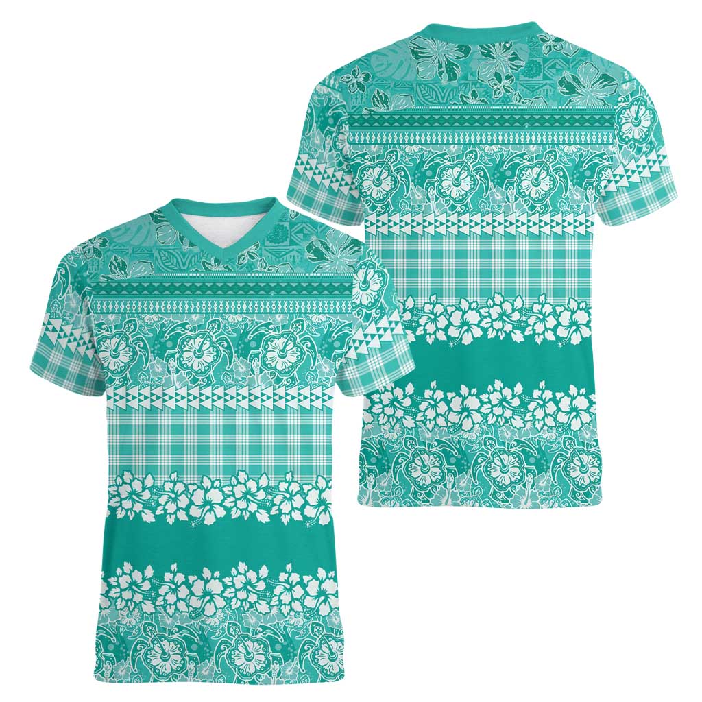 Hawaiian Hibiscus Honu Women V-Neck T-Shirt Turquoise Mele Kalikimaka Palaka Spirit LT9 - Polynesian Pride
