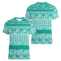 Hawaiian Hibiscus Honu Women V-Neck T-Shirt Turquoise Mele Kalikimaka Palaka Spirit LT9 - Polynesian Pride