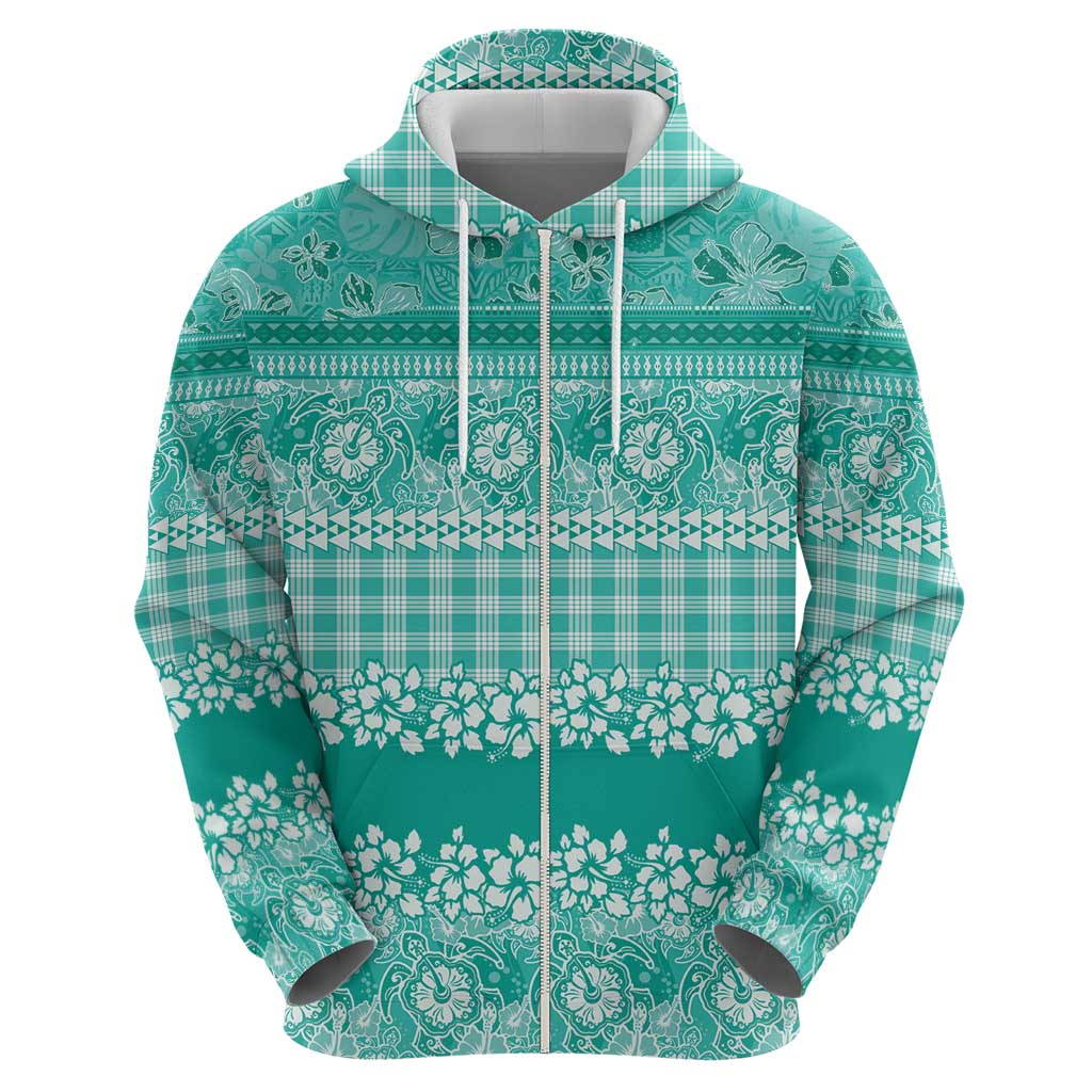 Hawaiian Hibiscus Honu Zip Hoodie Turquoise Mele Kalikimaka Palaka Spirit LT9 - Polynesian Pride