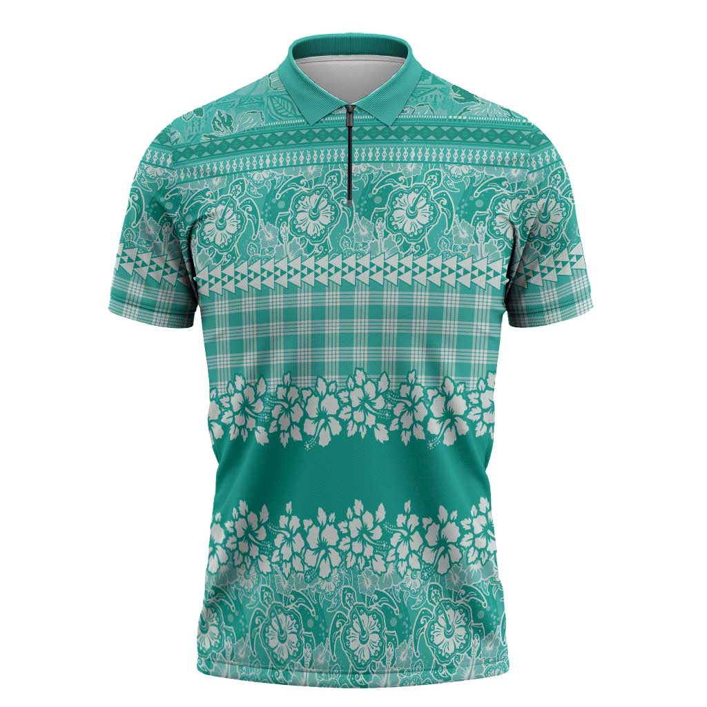 Hawaiian Hibiscus Honu Zipper Polo Shirt Turquoise Mele Kalikimaka Palaka Spirit LT9 Turquoise - Polynesian Pride