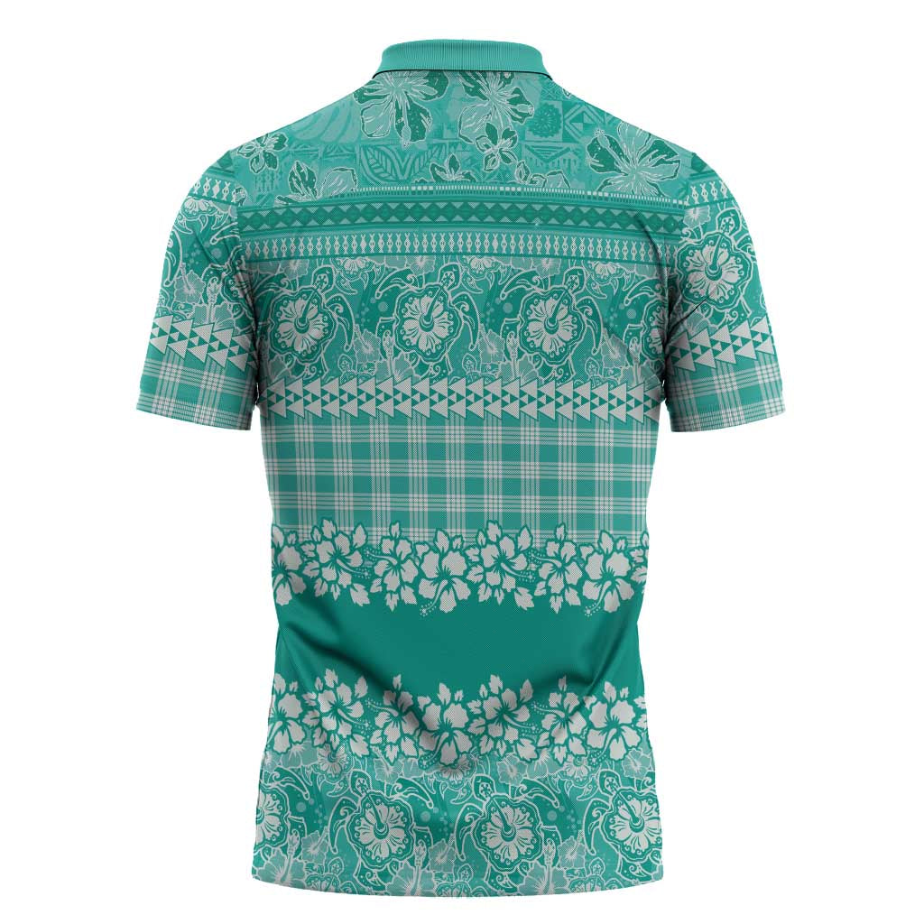 Hawaiian Hibiscus Honu Zipper Polo Shirt Turquoise Mele Kalikimaka Palaka Spirit LT9 - Polynesian Pride