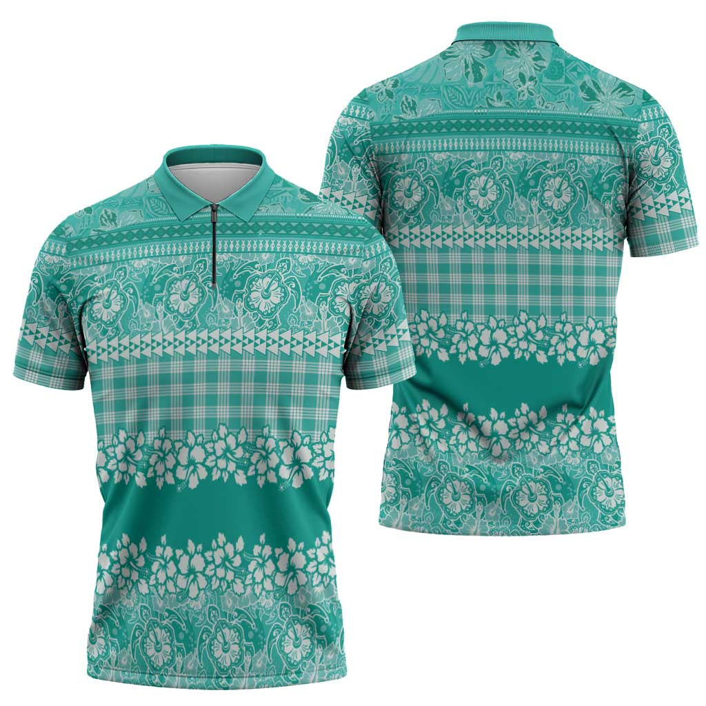 Hawaiian Hibiscus Honu Zipper Polo Shirt Turquoise Mele Kalikimaka Palaka Spirit LT9 - Polynesian Pride