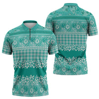 Hawaiian Hibiscus Honu Zipper Polo Shirt Turquoise Mele Kalikimaka Palaka Spirit LT9 - Polynesian Pride