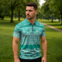 Hawaiian Hibiscus Honu Zipper Polo Shirt Turquoise Mele Kalikimaka Palaka Spirit LT9 - Polynesian Pride