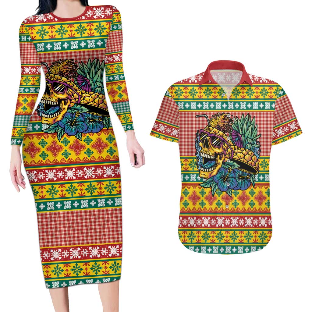 Hawaiian Pineapples Skull Couples Matching Long Sleeve Bodycon Dress and Hawaiian Shirt Mele Kalikimaka Palaka Quilt Pattern LT9 Yellow - Polynesian Pride