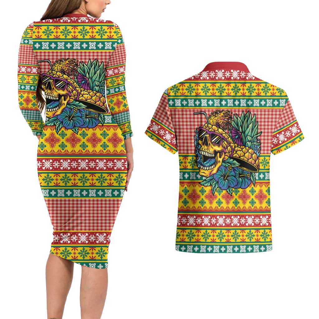 Hawaiian Pineapples Skull Couples Matching Long Sleeve Bodycon Dress and Hawaiian Shirt Mele Kalikimaka Palaka Quilt Pattern LT9 - Polynesian Pride