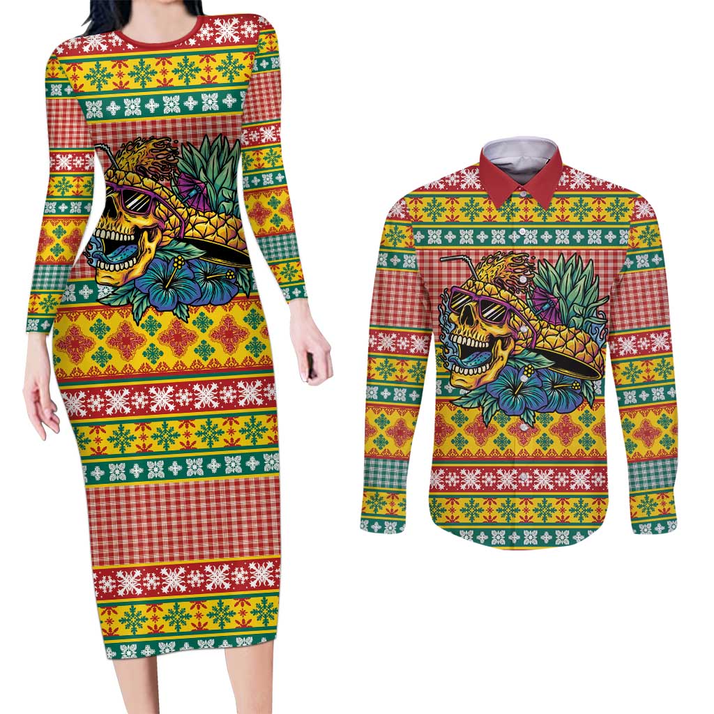 Hawaiian Pineapples Skull Couples Matching Long Sleeve Bodycon Dress and Long Sleeve Button Shirt Mele Kalikimaka Palaka Quilt Pattern LT9 Yellow - Polynesian Pride