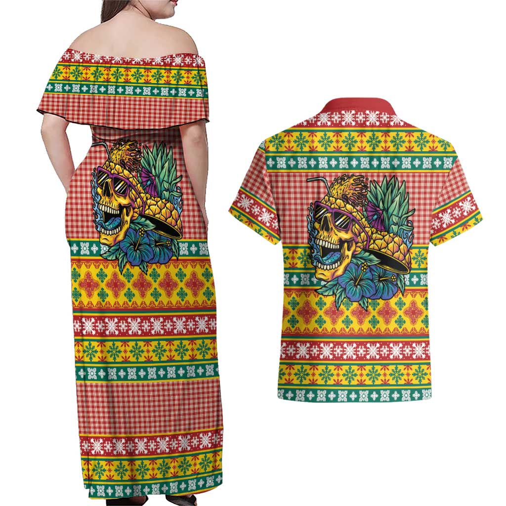 Hawaiian Pineapples Skull Couples Matching Off Shoulder Maxi Dress and Hawaiian Shirt Mele Kalikimaka Palaka Quilt Pattern LT9 - Polynesian Pride