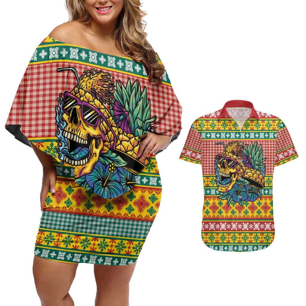 Hawaiian Pineapples Skull Couples Matching Off Shoulder Short Dress and Hawaiian Shirt Mele Kalikimaka Palaka Quilt Pattern LT9 Yellow - Polynesian Pride