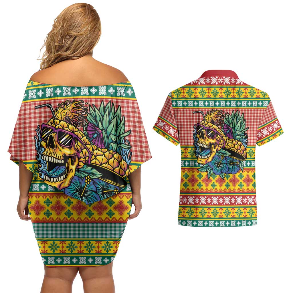 Hawaiian Pineapples Skull Couples Matching Off Shoulder Short Dress and Hawaiian Shirt Mele Kalikimaka Palaka Quilt Pattern LT9 - Polynesian Pride