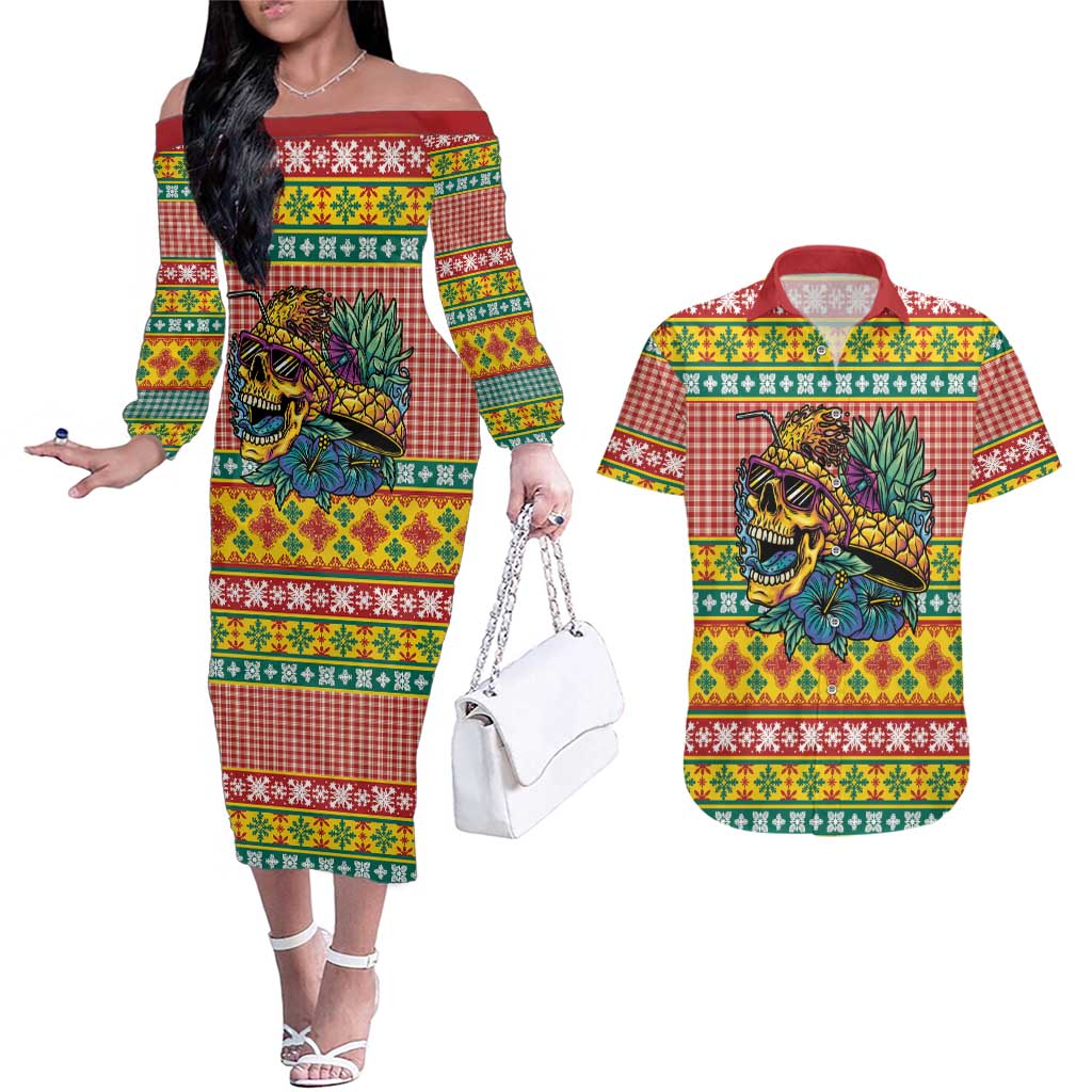 Hawaiian Pineapples Skull Couples Matching Off The Shoulder Long Sleeve Dress and Hawaiian Shirt Mele Kalikimaka Palaka Quilt Pattern LT9 Yellow - Polynesian Pride