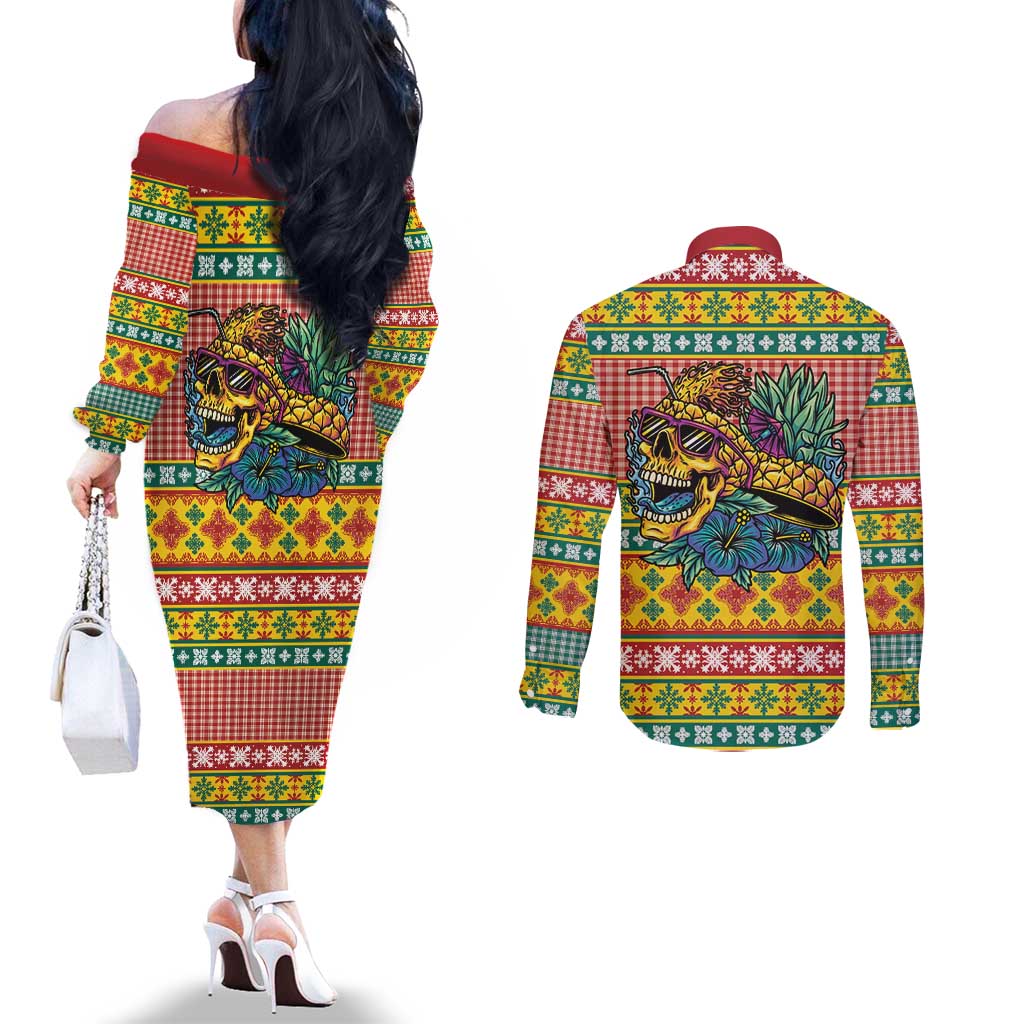 Hawaiian Pineapples Skull Couples Matching Off The Shoulder Long Sleeve Dress and Long Sleeve Button Shirt Mele Kalikimaka Palaka Quilt Pattern LT9 - Polynesian Pride