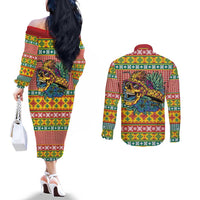 Hawaiian Pineapples Skull Couples Matching Off The Shoulder Long Sleeve Dress and Long Sleeve Button Shirt Mele Kalikimaka Palaka Quilt Pattern LT9 - Polynesian Pride