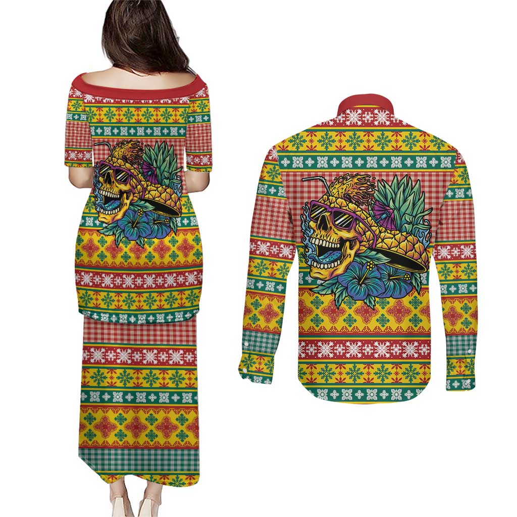 Hawaiian Pineapples Skull Couples Matching Puletasi and Long Sleeve Button Shirt Mele Kalikimaka Palaka Quilt Pattern - Polynesian Pride