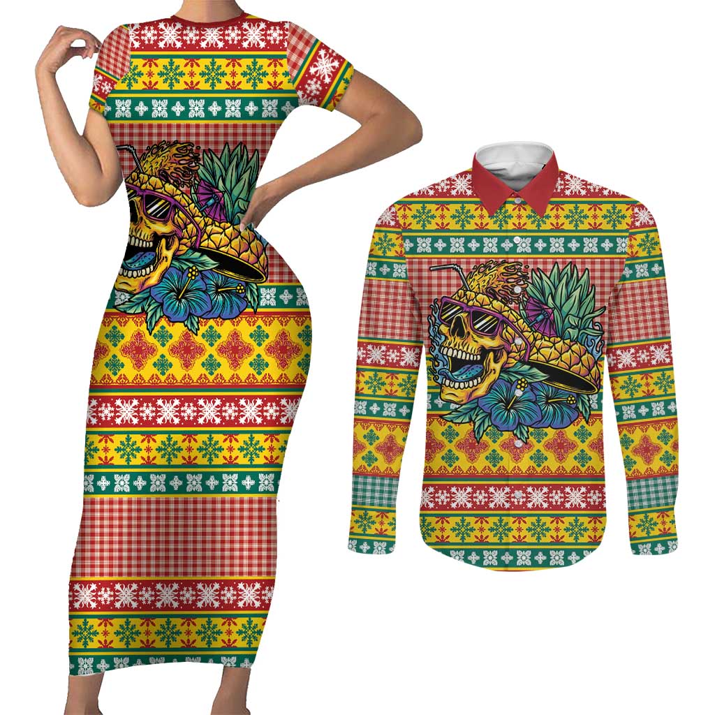Hawaiian Pineapples Skull Couples Matching Short Sleeve Bodycon Dress and Long Sleeve Button Shirt Mele Kalikimaka Palaka Quilt Pattern LT9 Yellow - Polynesian Pride