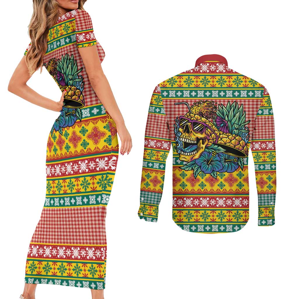 Hawaiian Pineapples Skull Couples Matching Short Sleeve Bodycon Dress and Long Sleeve Button Shirt Mele Kalikimaka Palaka Quilt Pattern LT9 - Polynesian Pride
