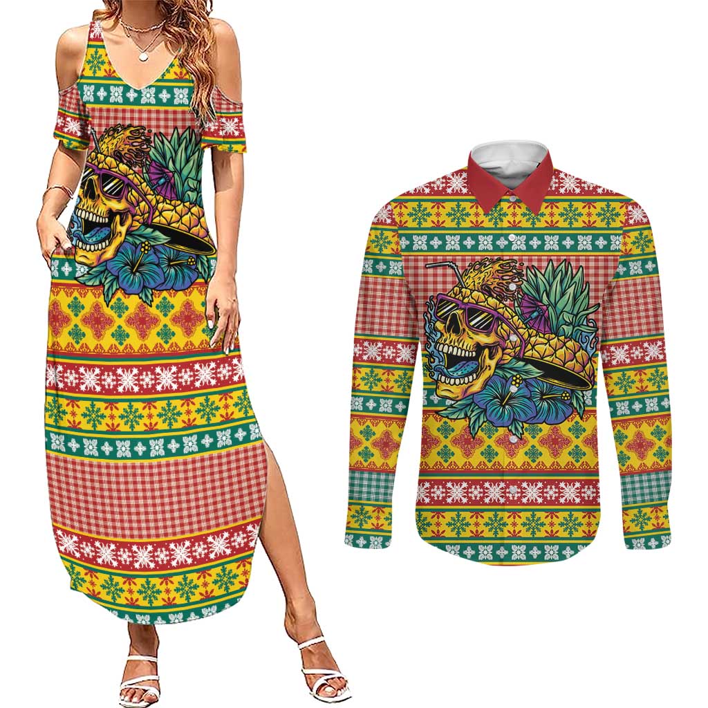 Hawaiian Pineapples Skull Couples Matching Summer Maxi Dress and Long Sleeve Button Shirt Mele Kalikimaka Palaka Quilt Pattern - Polynesian Pride