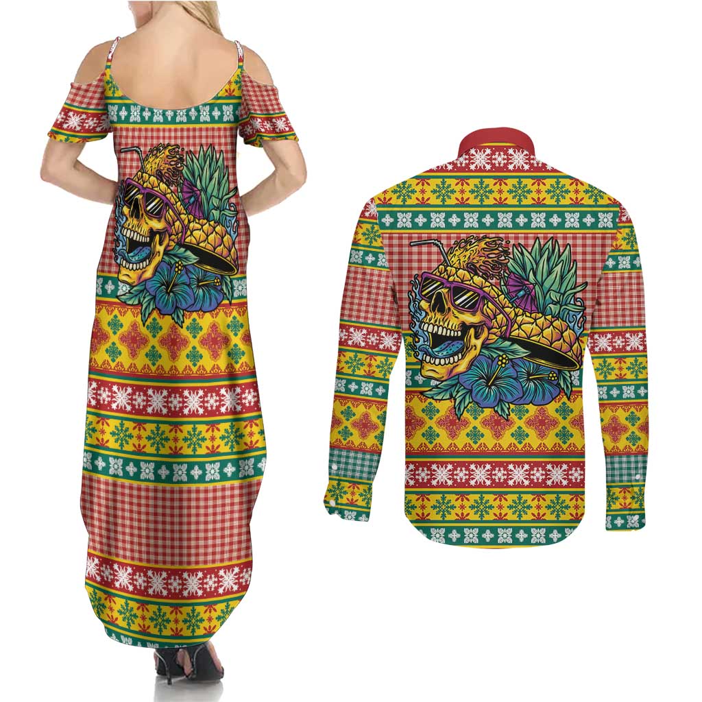 Hawaiian Pineapples Skull Couples Matching Summer Maxi Dress and Long Sleeve Button Shirt Mele Kalikimaka Palaka Quilt Pattern - Polynesian Pride
