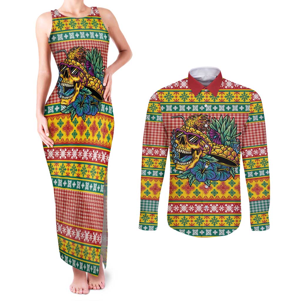 Hawaiian Pineapples Skull Couples Matching Tank Maxi Dress and Long Sleeve Button Shirt Mele Kalikimaka Palaka Quilt Pattern - Polynesian Pride